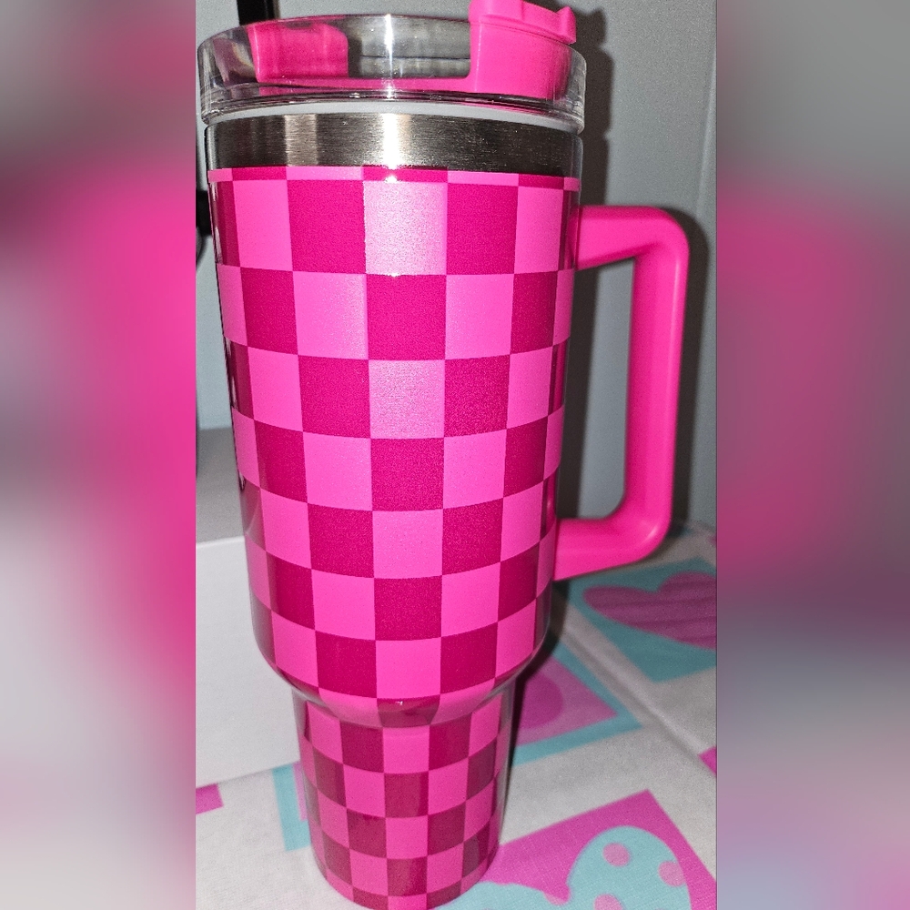 Pink Checkered Tumbler with Handle